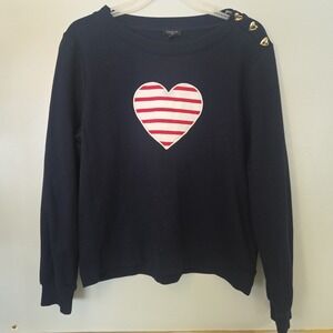 Talbots Navy Blue Heart Graphic Sweatshirt Womens Lp Gold Button Shoulder Detail